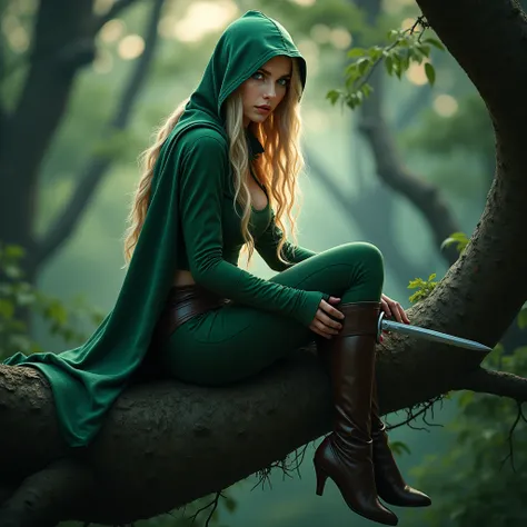 A beautiful detailed profile portrait of a green-hooded elven warrior woman, with long blonde hair framing her gorgeous, highly detailed face, piercing blue eyes, wearing a low-cut long-sleeved blouse, tight-fitting pants (in green), and low-heeled brown b...