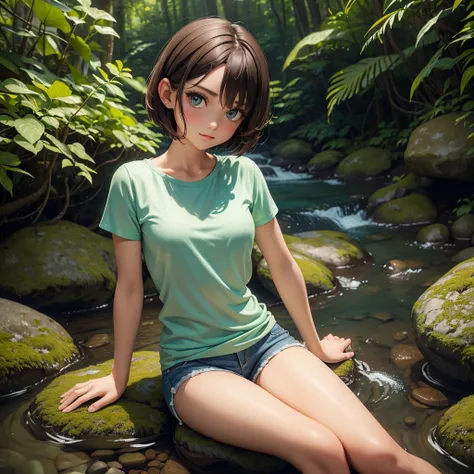 A beautiful young woman with short brown bob hair, wearing a thin light green T-shirt, blue shorts, beautiful slender legs, sitting on a rock in a stream, facing the screen, there are rocks, and behind her is a forest full of mysterious vines, green forest...