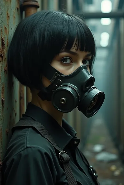 
half body shot of a short haired woman with an anti-gas mask in an abandoned factory, dark ambient, industrial aesthetic, techno aesthetic, techno fashion, horror movie, cinematic, ultra detailed, masterpiece.