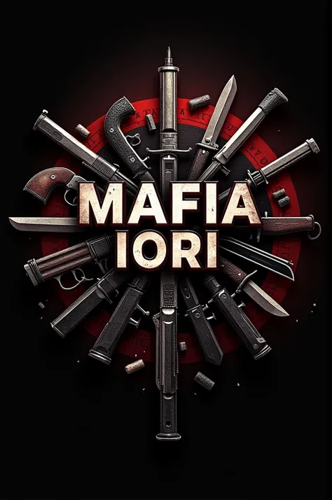 Make a logo that says Mafia Iori in the middle and put weapons and drugs that look realistic
