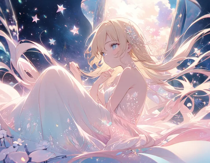 nude, A pastel-toned anime-style illustration of a young girl lying naked in a dreamlike, fantastical scene. Her long, thin, blonde hair flows around her, mingling with shimmering, delicate fabrics that drift softly around her like gentle waves. Her eyes a...