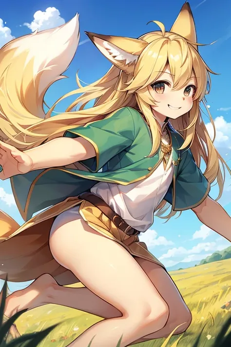 (boy with fox ears)　blonde long hair　grassland　blue sky　fine　smile　move your limbs widely　(((fineよく走る)))