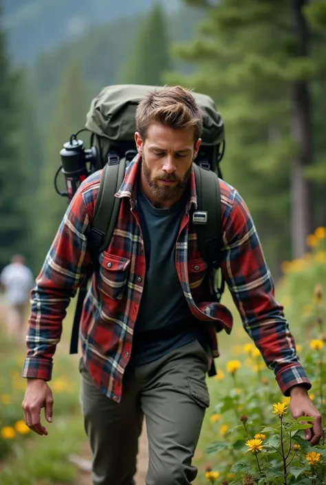  is hiking, in the camping area, wearing flannel clothes, putting down his bag