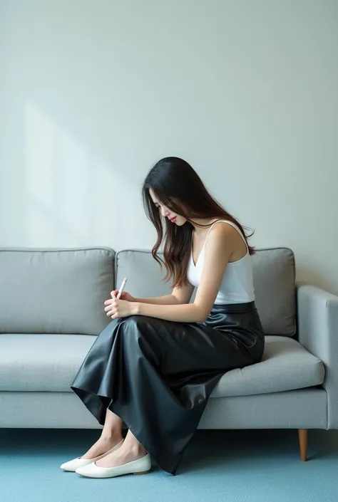 A beautiful lady, asian, Japanese,
Long hair,
Medium height,
Sitting on a light grey sofa in front of white wall in an office with light blue carpet, writing something on the skirt by maker pen,
Wearing a white camisole,
Wearing a shiny black leather big a...