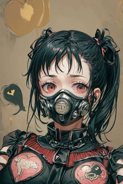 Score_9, score_8_up, score_7_up, dark, scary, creepy, Van Gogh style is very strong, disease oil painting, mine type, mass production type, gas mask, cross, ribbon, heart shape, squinting eyes, twin ponytails, thick coating, black hair, Pink eyes, big brea...