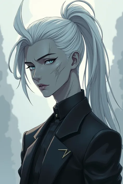 create a male character with gray skin and a pompadour hairstyle with a ponytail (white hair color) anime