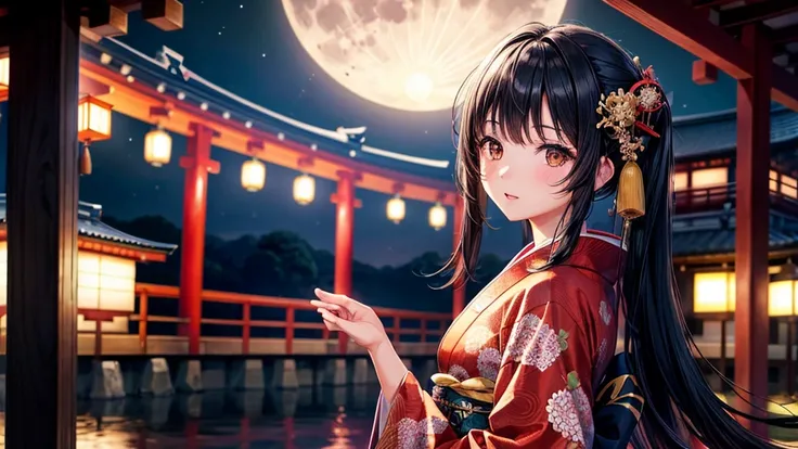 One Girl, Black Hair, Brown eyes, Wear a beautiful Japanese kimono, full moon, Kyoto cityscape, night, High resolution, Ultra Sharp, 8k, masterpiece, View your audience