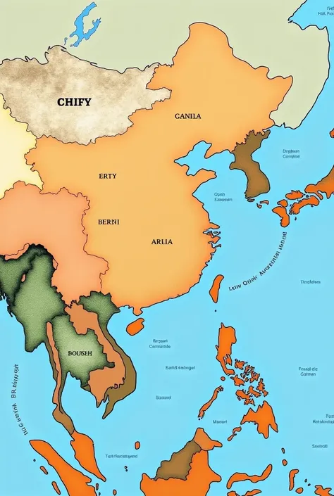 
East asia map highlighted country with names associated with Oriental Philosopy 