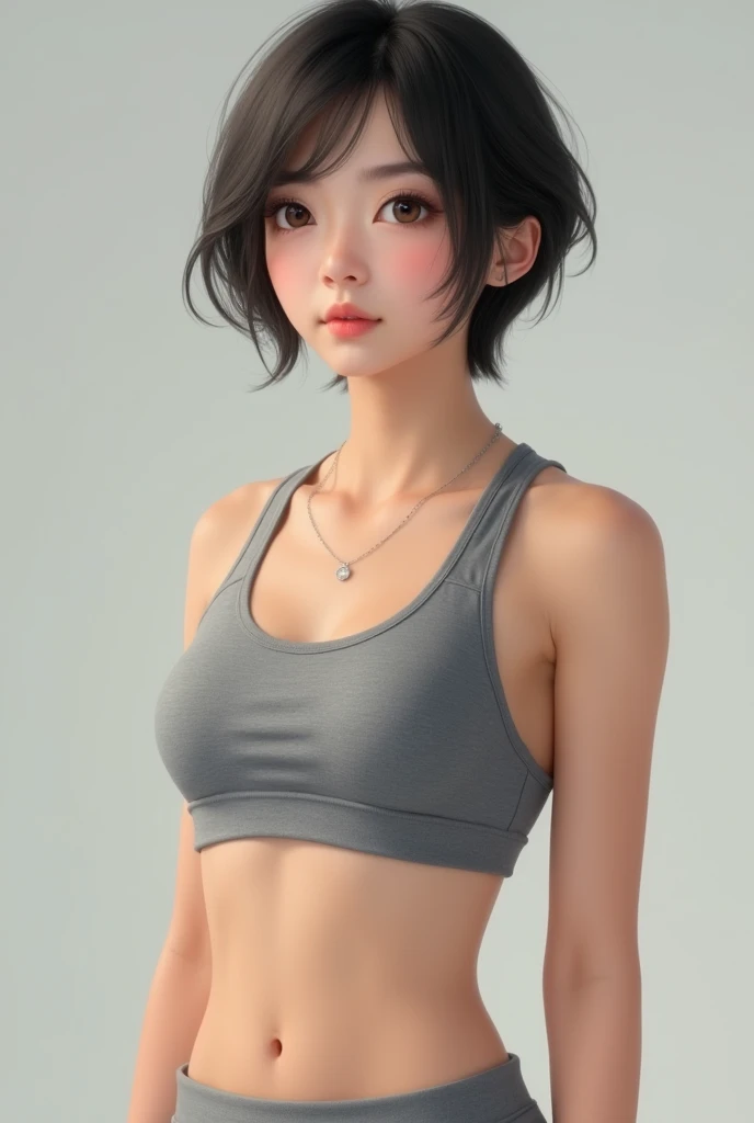 Fourteen year old realistic oriental teen in gray athletic underwear and gray crop top