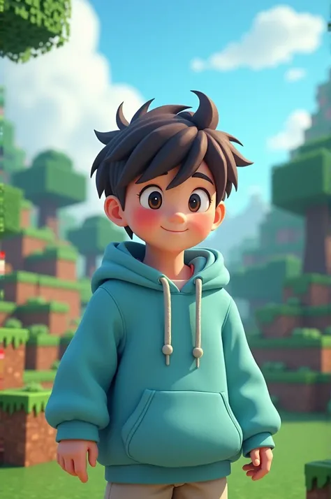 Make A Cute anime boy character wearing (colour-skyblue hoodie) with animated Minecraft background