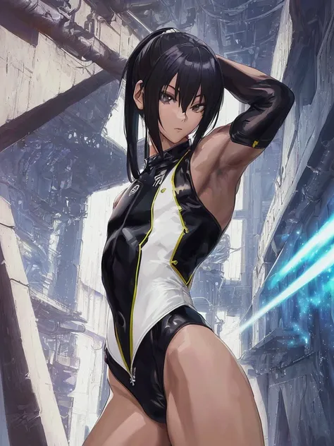 ninja boy like a beautiful girl, anime art,((((male, covered penis, testicles, bulge, solo, leotard, fusion of Sci-fi combat costume and leotard and v front extra high leg and cool design costume, )))),(((standing, cowboy shot, long pony tail, black hair))...