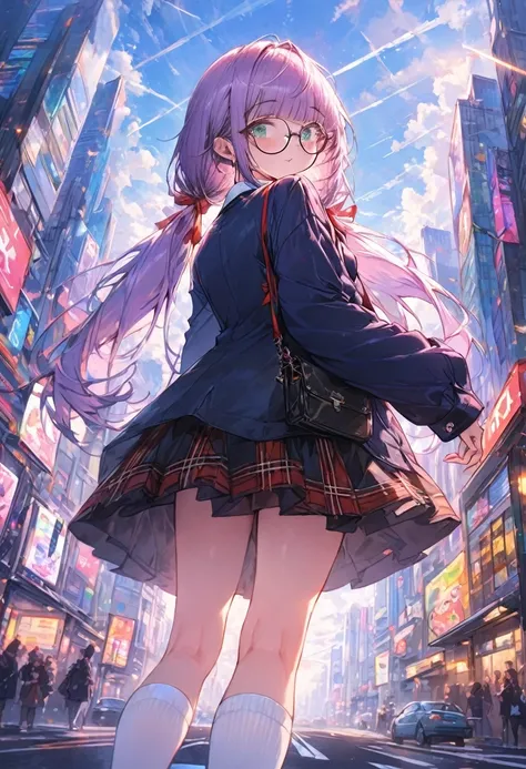 masterpiece, best quality, ultra detailed, hyper detailed, exquisite, beautiful, absurdres, 16K, 8K, schoolgirl, looking at viewer, looking back, low twintails, blunt bangs, pale purple hair, green eyes, droopy eyes, tareme, glasses,Navy blue blazer, dress...