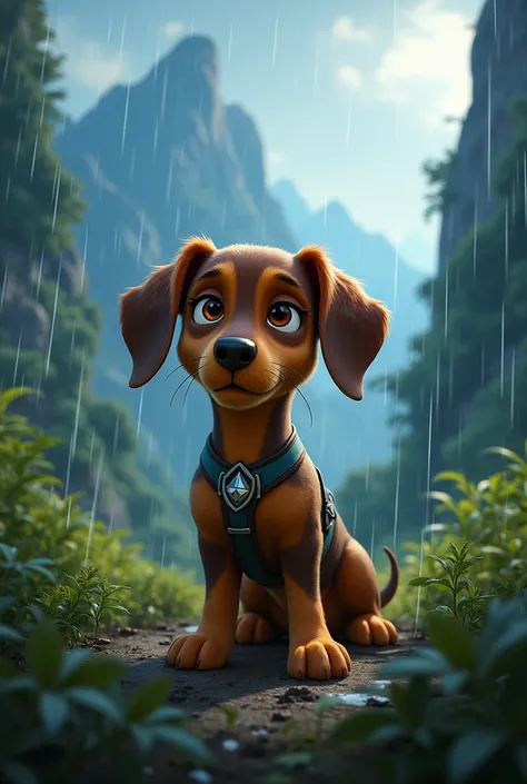 paw patrol, liberty, dachshund, short legs, female, feral, ((solo)), standing, looking at viewer, focus on character, anatomically correct, view of the forests mountains rain and ((thunder)), best landscape, detailed, detailed background, best quality, mas...