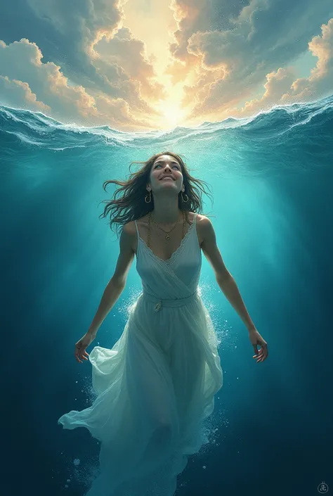 A 28 year young girl wearing white clothes deep in the sea and from the sky and Lord Shiva is saving her from the sky ( I want to there facese 