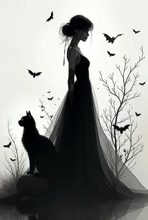 1girl, black cat, halloween, persian cat, line art, silhouette, black and white, intricate line work, detailed linework, minimalist, monochrome, elegant, whimsical, abstract, surreal, conceptual, (best quality,4k,8k,highres,masterpiece:1.2),ultra-detailed,...