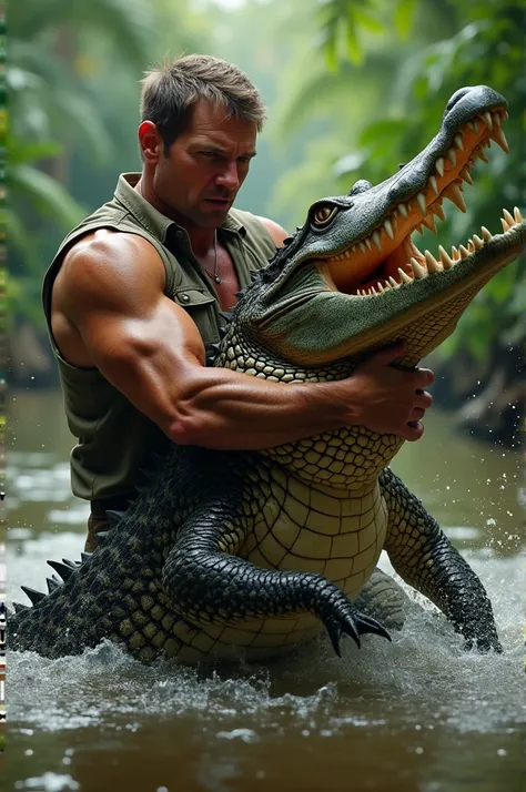 Steve Irwin wrestling a massive crocodile