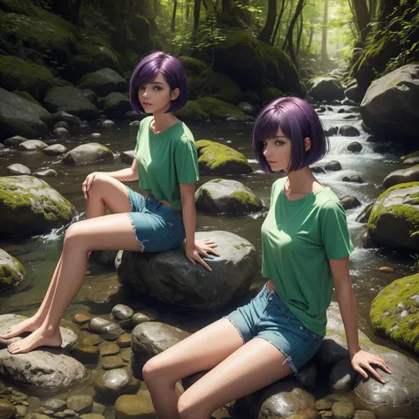 A beautiful young woman with short purple-brown bob hair, wearing a thin light green T-shirt, blue shorts, and beautiful, slender legs, sitting on a rock in a stream, facing the screen. There are rocks, and behind her is a forest full of mysterious vines, ...