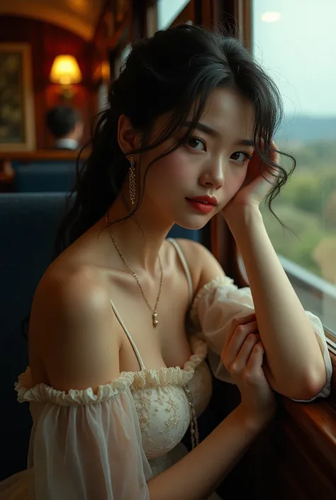 (photorealism:1.2), dark dramatic ethereal scene, surrealistic scene, warm, cozy,  hot, sexy,  evoking a sense of intimacy and intrigue. The warm wooden paneling of the train adds a cozy, vintage feel, while the soft lighting creates a relaxed atmosphere.
...