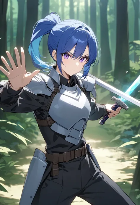 (Blue Hair、Purple Eyes、Black Shirt、Black pants、Light Armor、Folding ponytail、Swordsman-style woman)is waving his sword in a movie pose in the forest（Only one woman）