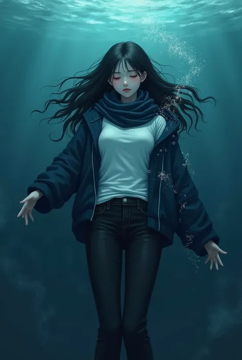 a drowned woman at the bottom of the water, at the bottom of the sea, black hair, older teenager, beautiful, eyes closed, bubbles coming out of her mouth and nose, open dark blue hoodie, white t-shirt, black jeans, blue scarf dark, full body, big tits,