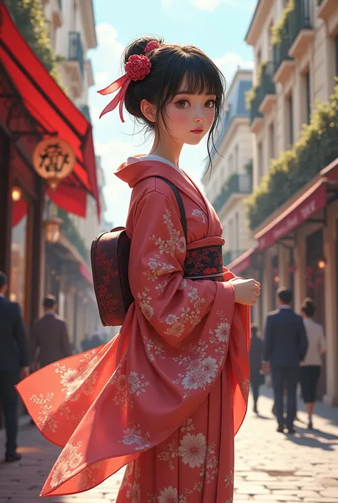 A girl in a kimono on the streets of Paris