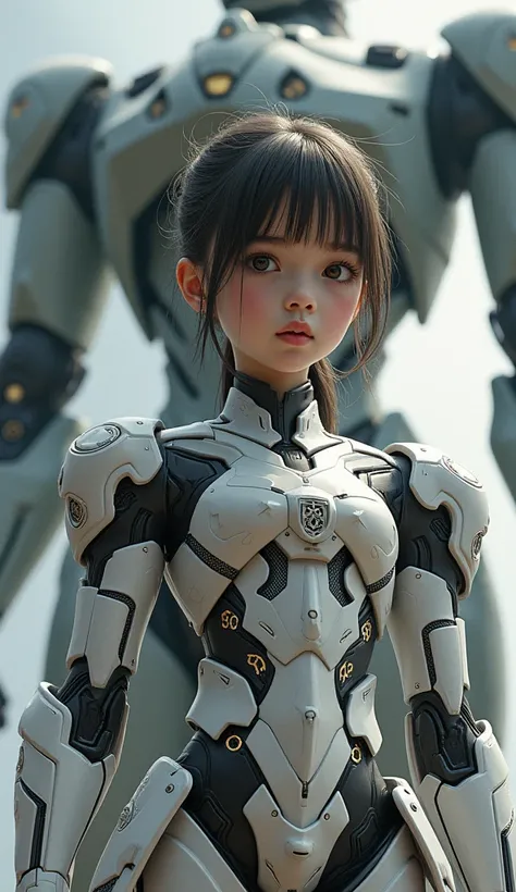 a detailed illustration of 1 girl wearing an extremely intricate and detailed evangelion costume, with a large robot mech in the background, highly detailed skin texture, beautiful and extremely detailed facial features, complex and hyper-detailed