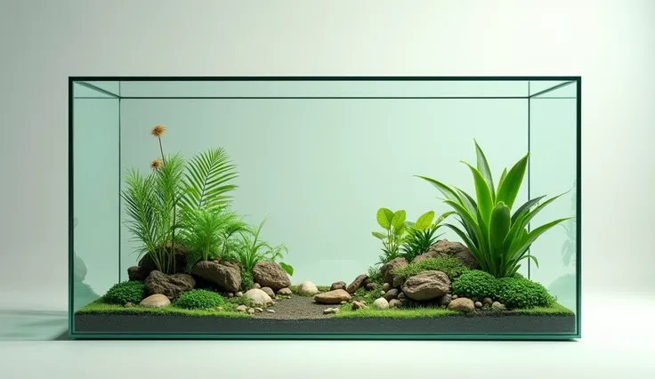 create a detailed image of a rectangular glass terrarium that is wide, thats all!