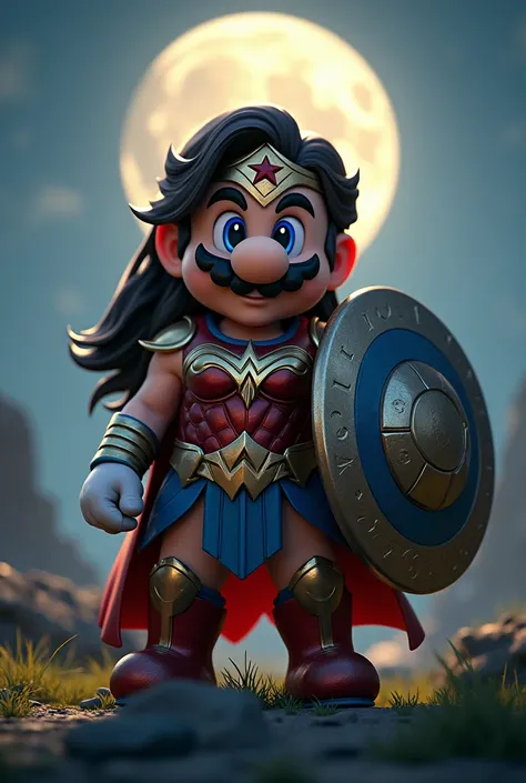 8k, high resolution, super detailed, Mario (from Super Mario), wearing Wonder Woman armor, holding a shield, short body, moonlit night, dwarf.