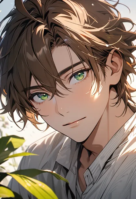 male, solo, handsome, brown hair, beautiful eyes, green eyes, parted bang, ahoge hair, white shirt,  front face, high detail, beautiful eyes, macro picture,