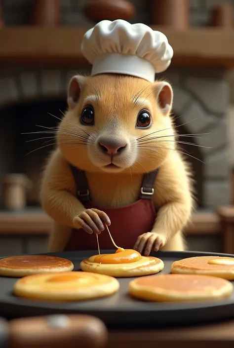 A close-up portrait of a marmot making Breton pancakes 