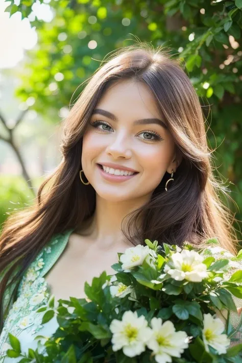 A happy Argentinian woman with a warm smile, beautiful detailed eyes, beautiful detailed lips, extremely detailed eyes and face, longeyelashes, smiling happily, violet floral dress, in a beautiful garden, lush green foliage, sunlight filtering through the ...