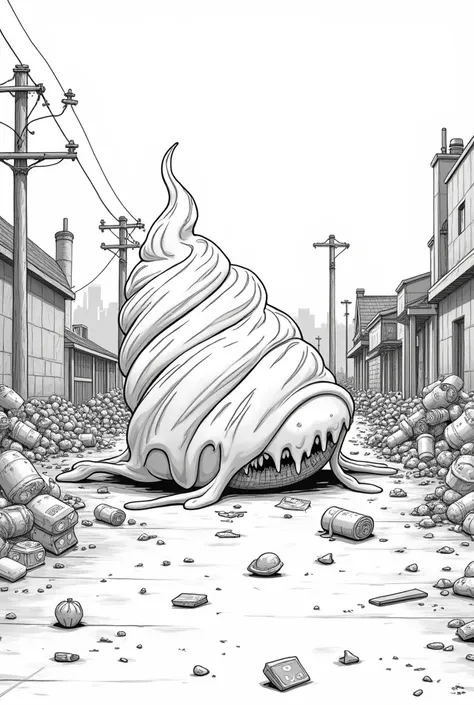 Fallen Ice cream monster on the ground full of trash on the middle of the road, outline, black and white, From Below, 