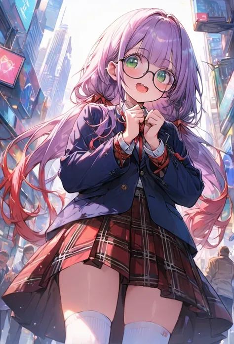 masterpiece, best quality, ultra detailed, hyper detailed, exquisite, beautiful, absurdres, 16K, 8K, schoolgirl, looking at viewer,  low twintails, blunt bangs, pale purple hair, green eyes, droopy eyes, tareme, glasses,Navy blue blazer, dress shirt, red r...