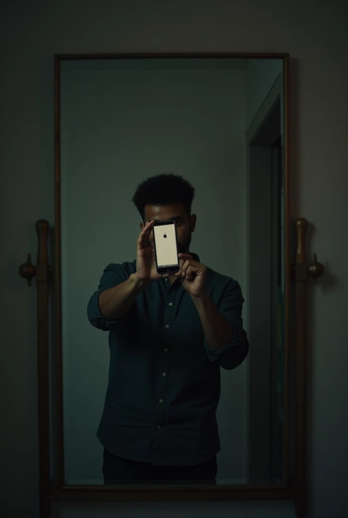 Man taking a photo looking in the mirror and covering himself with his cell phone