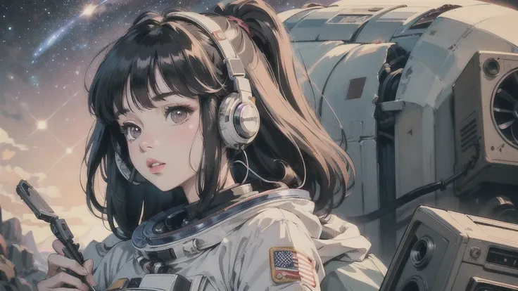 universe space、A beautiful woman is looking up into space、Space Suit、There is an old cassette radio nearby.、I have headphones on、隣にSpace Suitを着た犬がいる