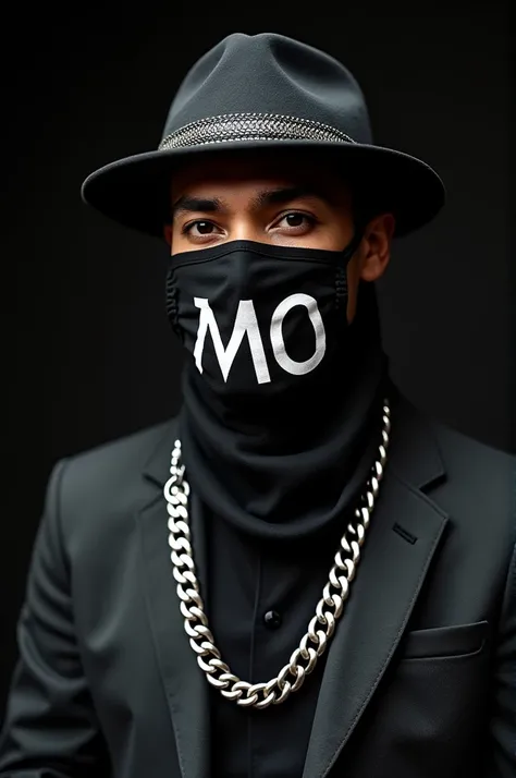 striking image features a man adorned with a stylish hat and a distinctive mask written the word MO , complemented by a bold chain accessory. The combination of these elements creates an intriguing visual narrative, suggesting a blend of mystery and urban ...