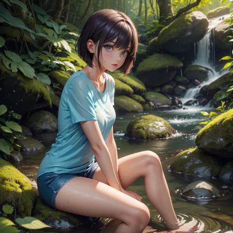 A beautiful wet young woman with short purple-brown bob hair, wearing a thin light blue wet T-shirt, blue shorts, beautiful slender legs, sitting on a rock in a stream, facing the screen, there are rocks, and behind her is a forest full of mysterious vines...