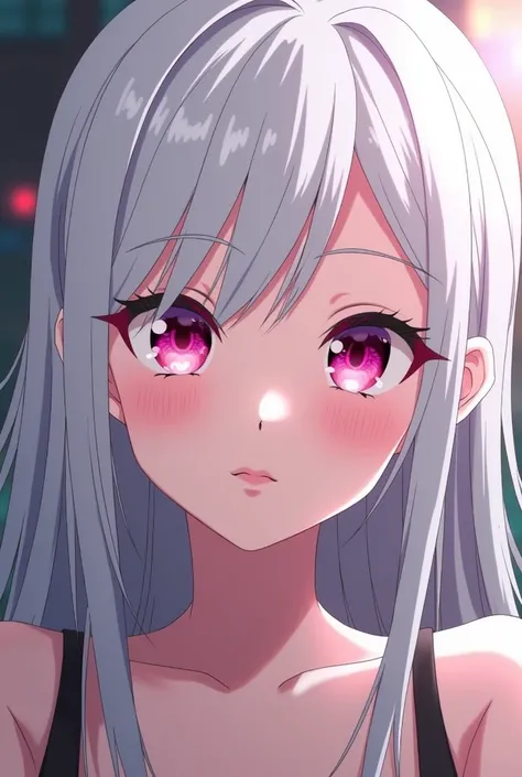 A My Hero Academia screen cap, a girl with silver white hair and subtle pink highlights that peek from within, and straight hair. Side swept bangs with side partition. Pastel pink eyes with luscious eyelashes. Pink lips. Pale skin. Hair length is upto the ...