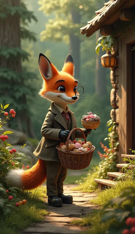 A fox dressed as an old man with gifts of sweets in his hand knocks on the door of a house in the forest