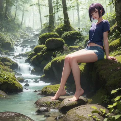 A beautiful wet young woman with short purple-brown bob hair, wearing a thin light blue wet T-shirt, blue shorts, beautiful slender legs, sitting on a rock in a stream, facing the screen, there are rocks, and behind her is a forest full of mysterious vines...