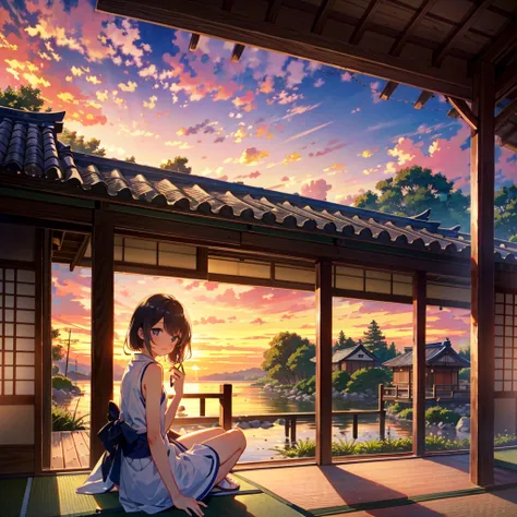 absurdres, highres,
BREAK
girl sitting on Veranda of a Japanese house, summer vacation, sunset, japanese (wind chime:0.4), sleeveless, end of summer, smile, nostalgic
BREAK
