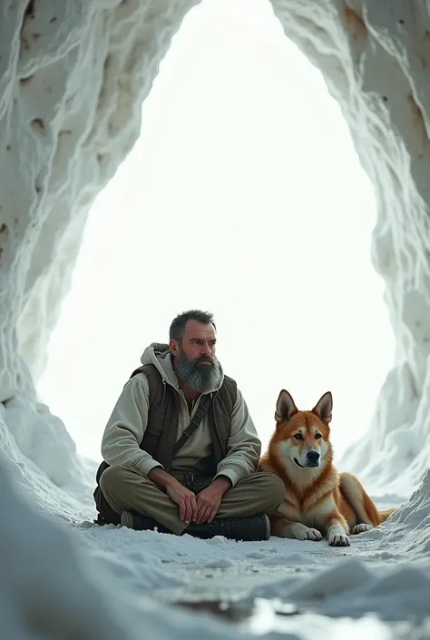 A man in a cave with his dog the cave is white bright colour