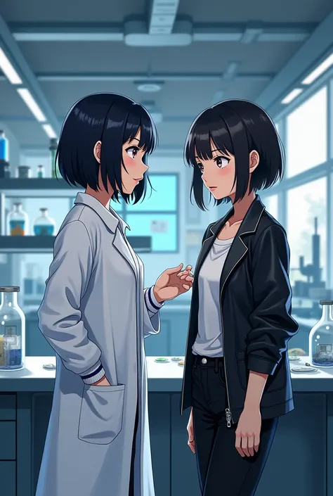 Generate an image of two girls in a science laboratory. One is wearing a lab gown and has short black hair leveling the middle of the back of her neck. One is wearing a black leather jacket and white inner shirt and has black pants. Also has short hair lev...