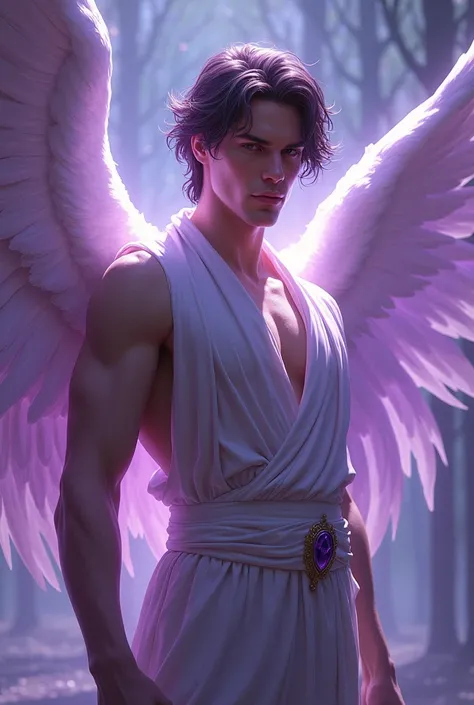 Male angel, D & D, face, fantasia, intricate, elegant, highly detailed, digital painting, purple aura from entire body, art station, Konzeptzeichnung, elegant, foco nitido, illustration, art by Artgerm, by Greg Rutkowsky, by Alphonse Mucha