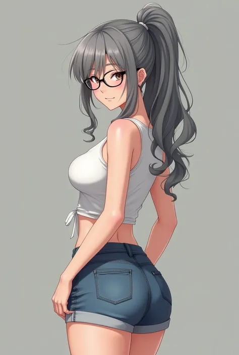 girl, has perfect body, big breasts, glasses, blushing, gray hair, ponytail, wearing white tank top, jeans shorts pants, real photography,