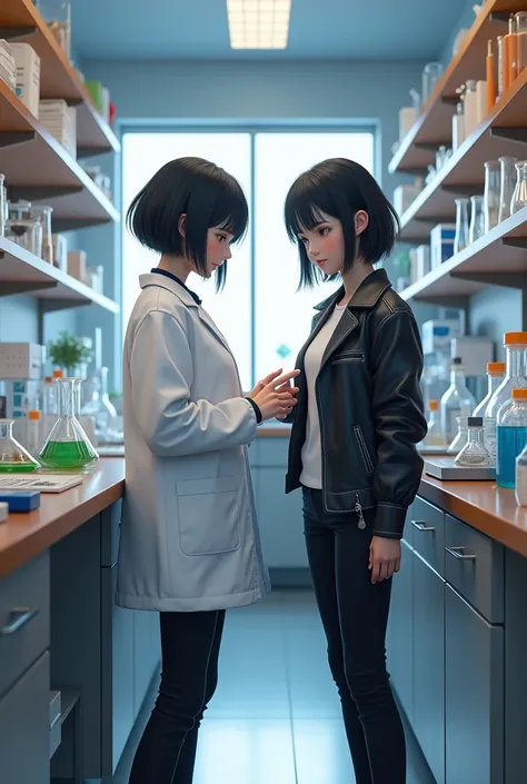 Generate an image of two girls in a science laboratory. One is wearing a lab gown and has short black hair leveling the middle of the back of her neck. One is wearing a black leather jacket and white inner shirt and has black pants. Also has short hair lev...