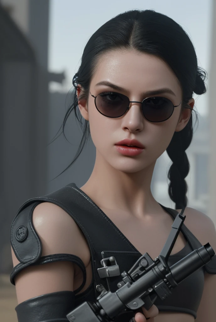 a rebel woman with machine gun, hair tied back, sunglasses, brazilian crop top, black boots, portrait, detailed face, beautiful detailed eyes, beautiful detailed lips, extremely detailed face and eyes, long eyelashes, highly detailed, hyperrealistic, 8k, p...