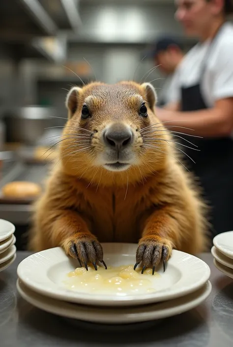 A close-up portrait of a marmot cleaning plates in a restaurant 