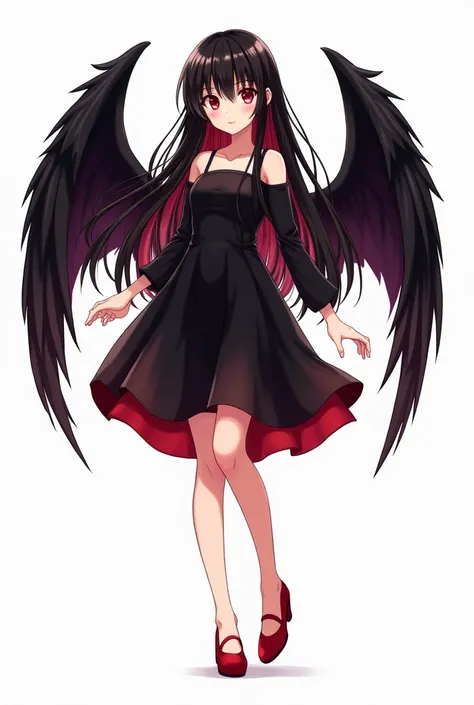 A anime girl. 2d anime. Black and red long hair. Red eyes. Black dress. Red shoe. Black wings. White background.  Ref sheets full picture 