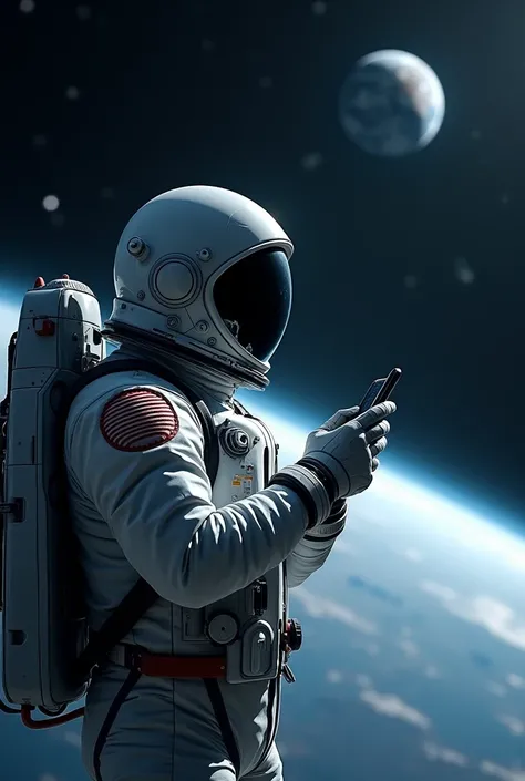 A astronaut covered face, talking with Samsung phone from the side perspective, more view of his phone , phone beside his ear 